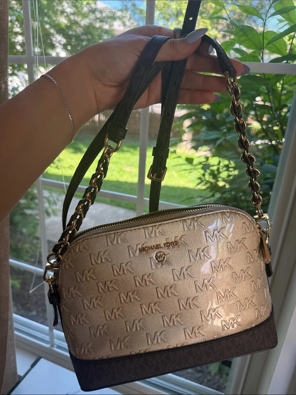 Michael Kors Gold and Brown Logo Dome Crossbody - Picture 3 of 4